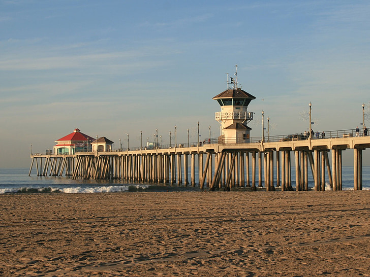 Huntington, Beach, Pier, havet, kyst, sand, Shore