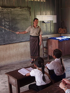 alunos, escola primária, vila, Laos, crianças, instrução, Sul do laos