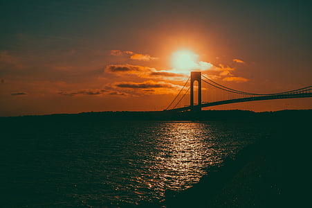 Brooklyn, pont, coucher de soleil, Nuage, eau, rivière, silhouette