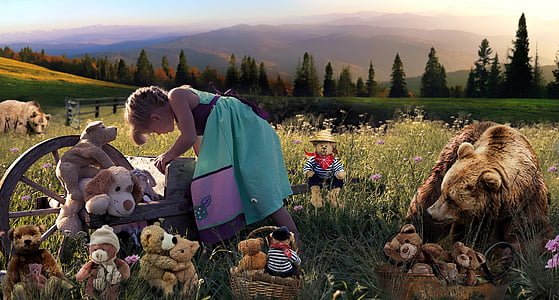 teddy bear, family, child, children's games, fun, animal, outdoors