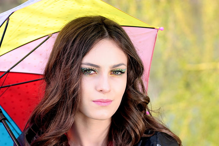meitene, lietussargs, krāsošana, skaistumu, zaļas acis, sievietes, rudens