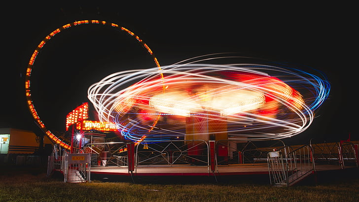 county fair, amusement park, ride, tilt a whirl, colors, colorful, night