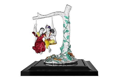 Krishna, Radha, seduta, albero, swing, figurina, coppia