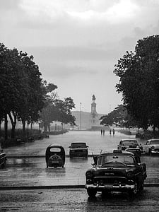 Kuba, Badai Petir, Auto, jalan, hujan, hitam dan putih