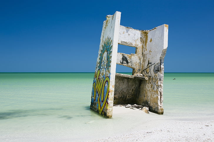beach, beach ruins, blue, blue sky, bright, clear water, graffiti