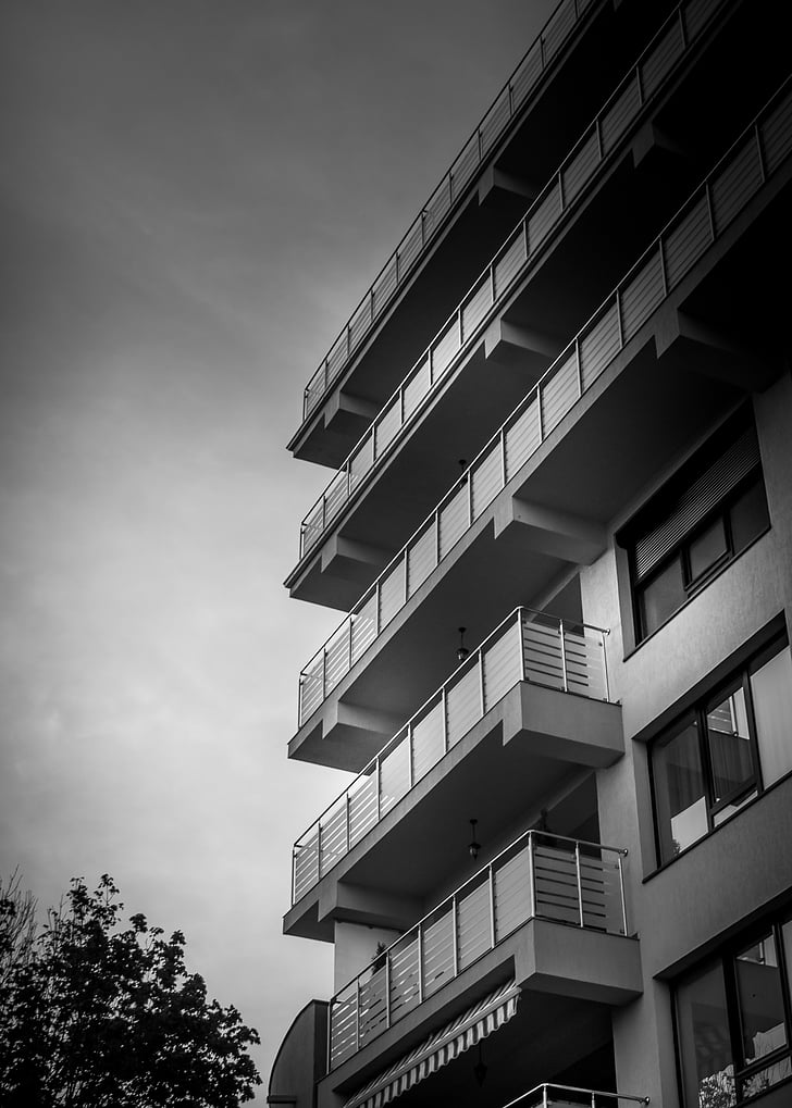 architecture, balconies, black and-white, building, low angle shot, perspective, apartment