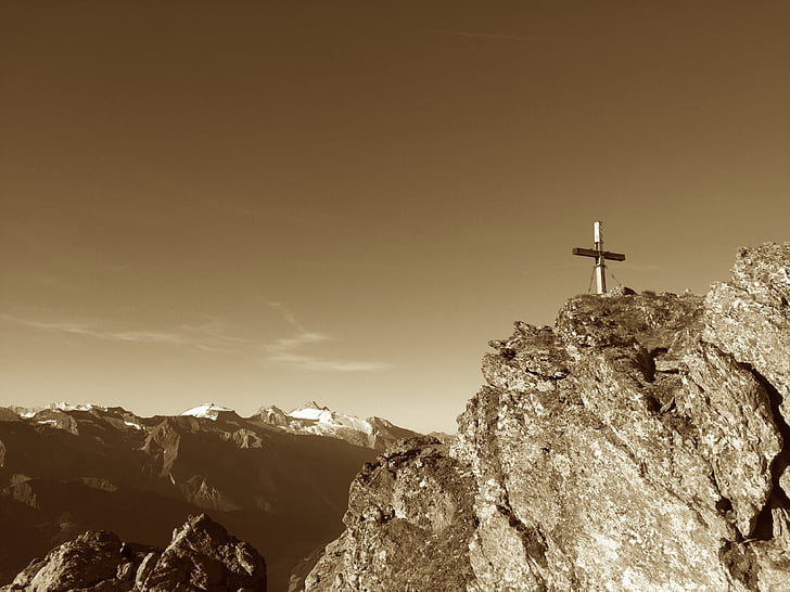 Rastkogel, csúcstalálkozó, Zillertal Alpok, Zillertal, hegyek, Tirol, Summit cross