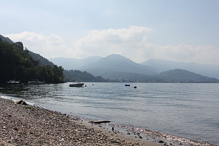 lake, bank, mountains, nature, water, beach, stones