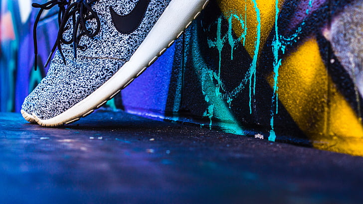 Sepatu, alas kaki, sepatu kets, dinding, seni, grafiti, biru