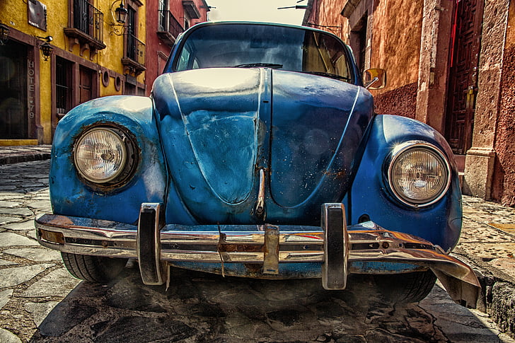 automobile, beetle, car, classic, pavement, vehicle, vintage