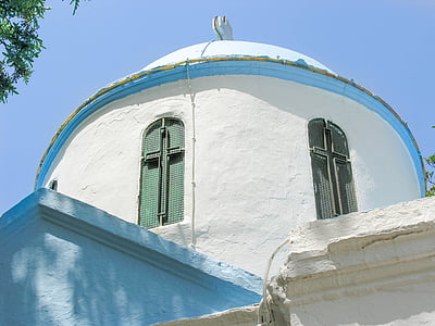Kos, Grieķijas salas, mazā baznīca, krusts, zilas debesis, logs, arhitektūra