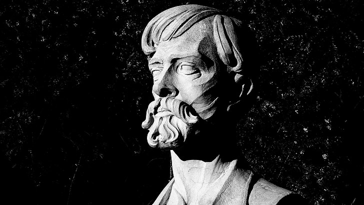 monument, black and white, mustache, beard, face, bust