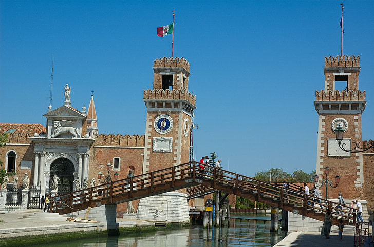 Ponte dell arsenale, voetgangersbrug, Venetië, arsenale, ingang, torens, gebouw, Gate