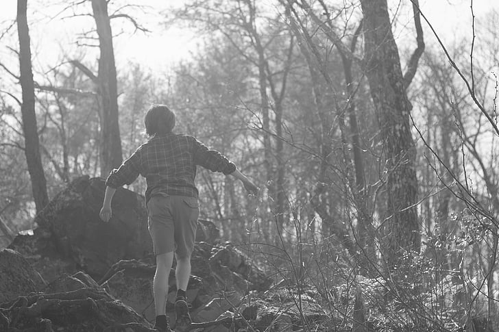 jongen, verloren, bos, zwart-wit, bomen, berg, wandelen