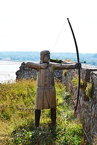 Arqueiro, longbow inglês, Figura, escultura, armadura, Castelo de Mont orgueil, defensor