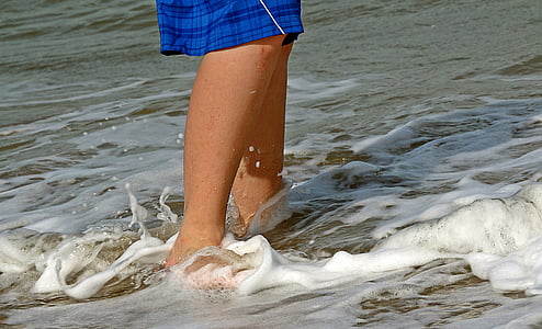 peus, cames, sorra, l'aigua, ona, anar, esprai