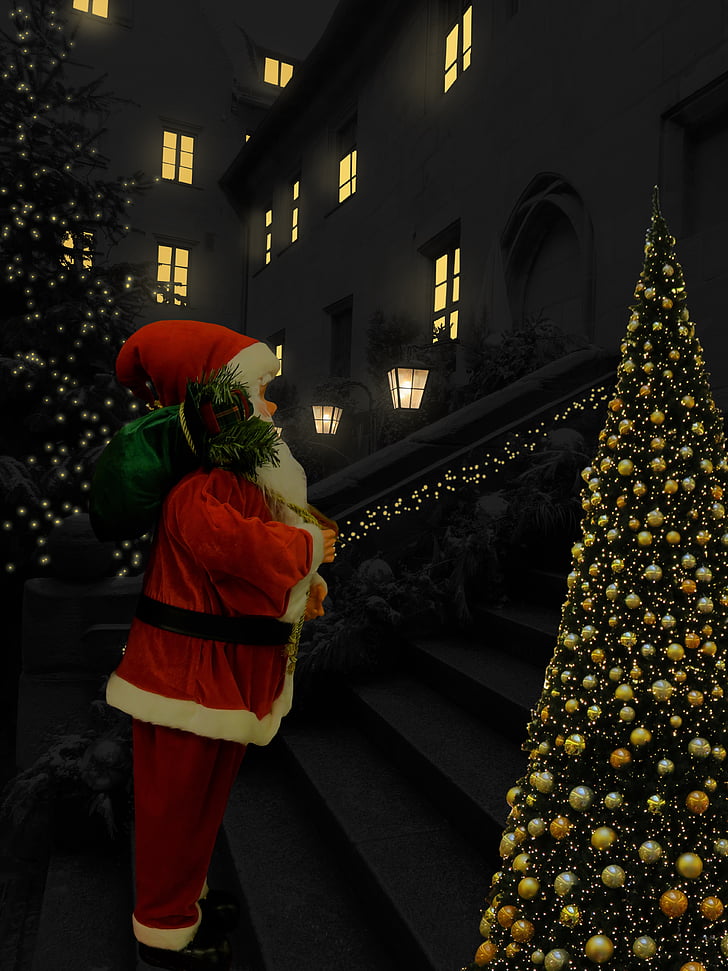 Santa claus, Assemblée, Christmas, cadeaux, lumières, conte de Noël, veille de Noël