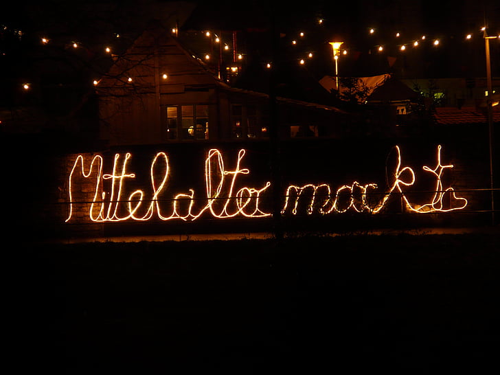 lichterkette, letras, iluminação, luz, mercado medieval, escuridão