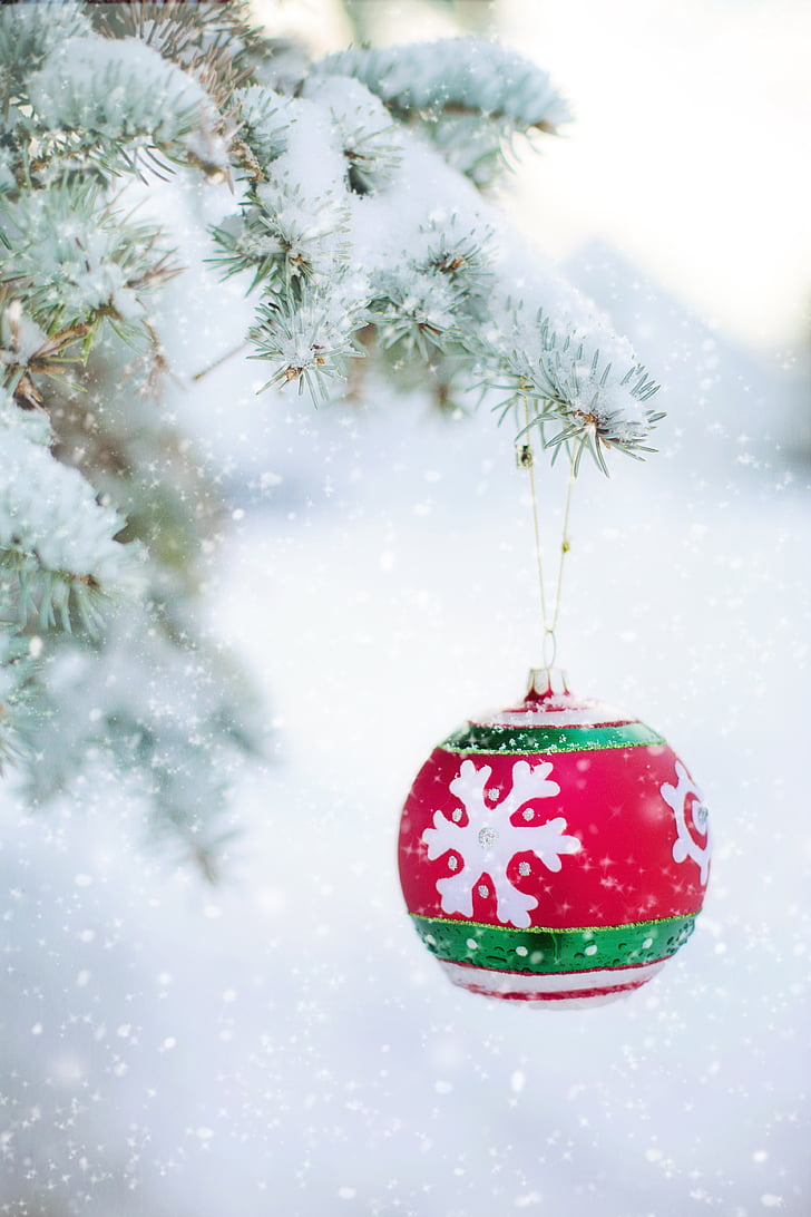 christmas ornament, bulb, snowy tree, pine, spruce, christmas, decoration