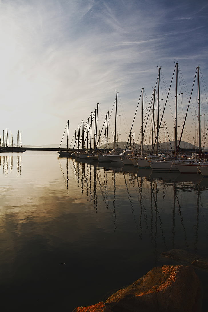 boats, dock, masts, ocean, reflection, sea, water