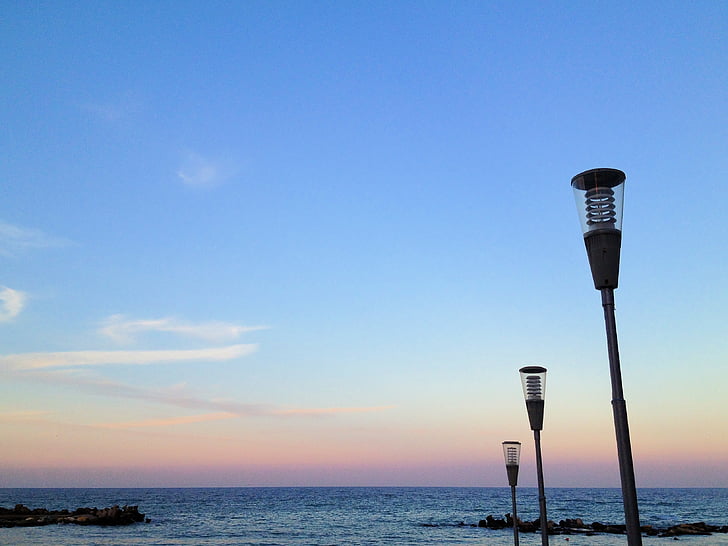 Sky, plage, grande, coucher de soleil, lanternes