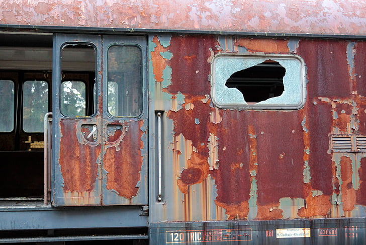 Vagó, vidre, finestra, estació de tren, ferrocarril, vell, Rusted