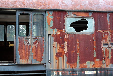 vognen, glass, vinduet, jernbanestasjon, jernbane, gamle, rustne