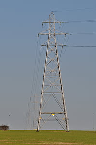 electricity pylon, field, electricity, power, pylon, sky, energy