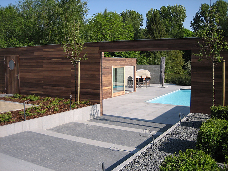 terrassa, piscina, fusta, arquitectura, moderna, a l'exterior, disseny