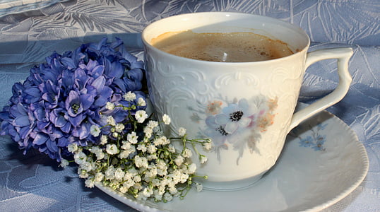 coffee cup, cup, coffee, saucer, good morning, benefit from, hyacinth