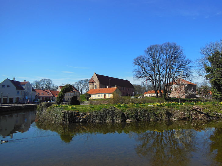 okolí hradu, hrad, středověké, Nyborg hrad, Funen, vodní příkop, dědictví