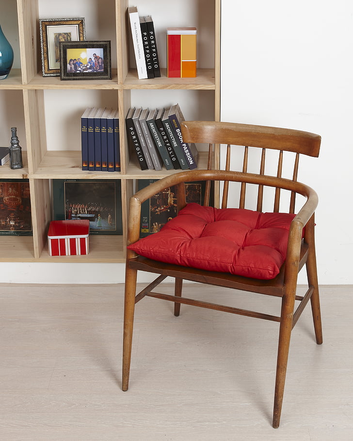 kėdė, dekoratyvinės pagalvėlės, knygų lentynos, sanctum sanctorum