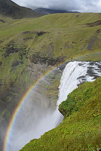 cascadă, curcubeu, Islanda, verde, peisaj, ceata