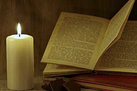 book, candle, read, old, blackletter, evening, starodruk