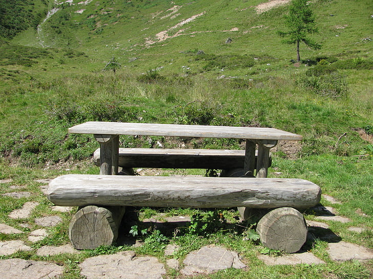 refreshment, mountain, landscape, valley, dolomites, bench, grass
