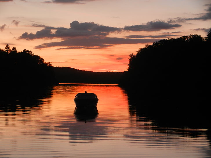 Západ slunce, jezero, loď, Příroda, reflexe, voda, silueta