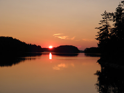 letné, západ slnka, Savonlinna, jazero Saimaa, Fínsko, fínčina, jazero