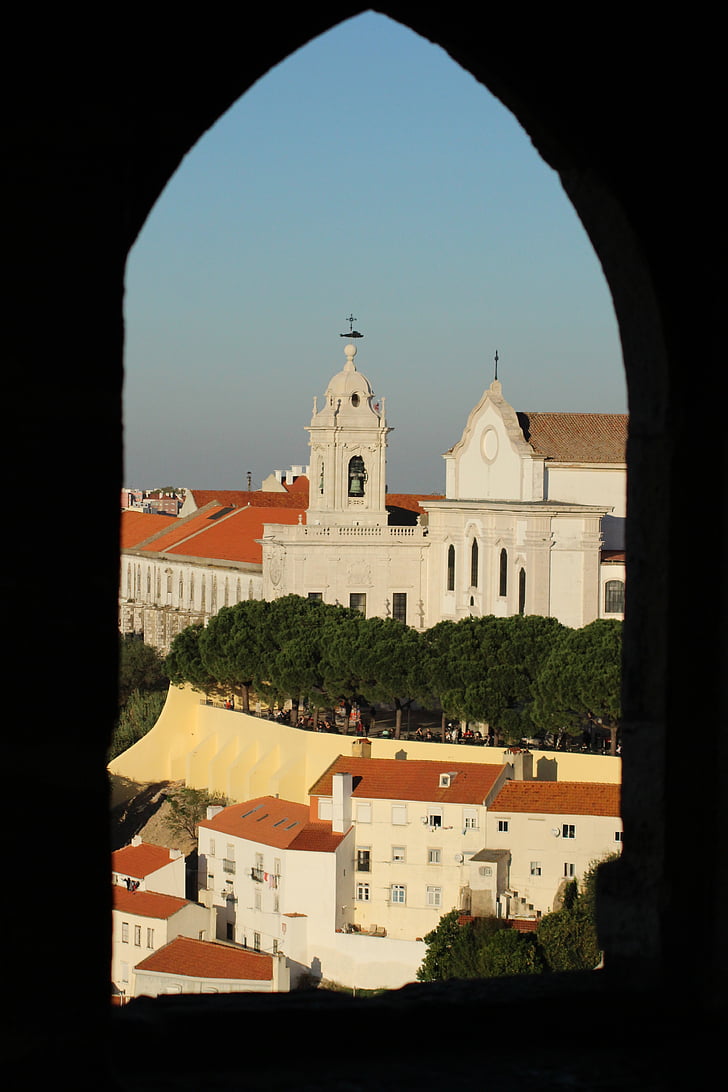 Lisabon, Portugalsko, hrad, řeku Tajo, okno, krajina, kostel