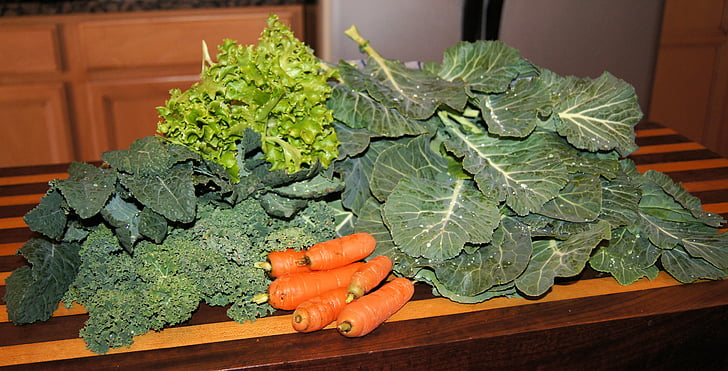veggies, Zöldek, kert, collards, kelkáposzta, sárgarépa, egészséges
