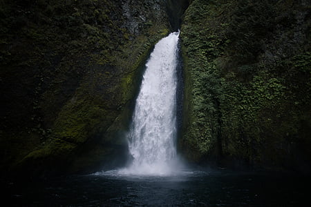white, waterfalls, waterfall, green, moss, nature, water
