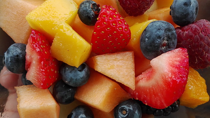 frukt, Fruktsallad, vitaminer, mat, hallon, blåbär, fräschör