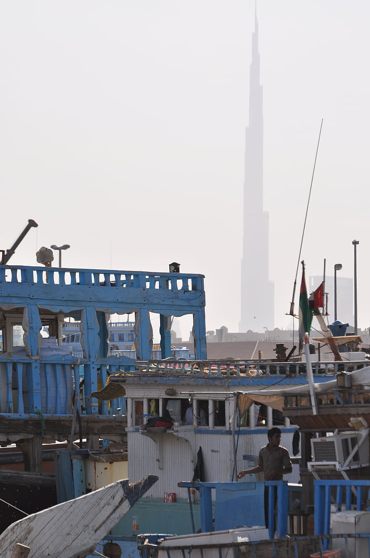 wolkenkrabber, Dubai, haven, boot, Emiraten, dok, schip