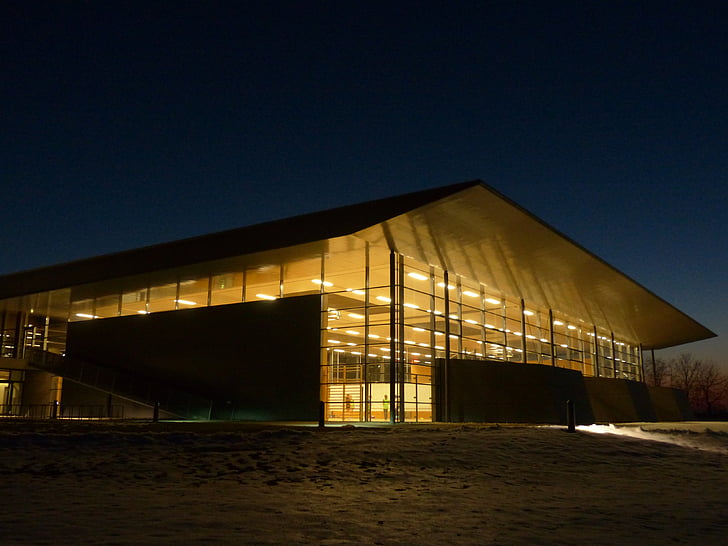 sports hall, gym, sports center, lighting, at night, building, architecture