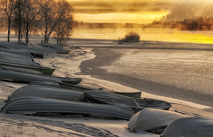 Finlandia, Wschód słońca, krajobraz, sceniczny, Jezioro, mrożone, niebo
