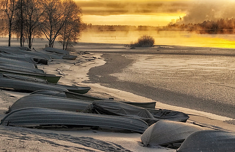 Finsko, východ slunce, krajina, malebný, jezero, zmrazené, obloha