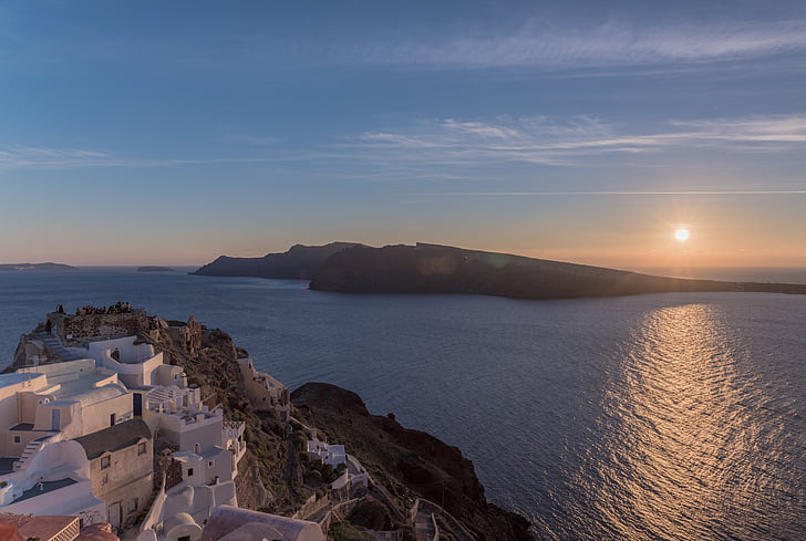 Santorini, slottet, solnedgang, Hellas, øya, arkitektur, Oia