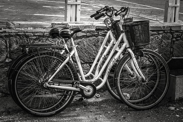 cykel, Street, Utomhus, korg, svart och vitt, retro stylad, gammaldags