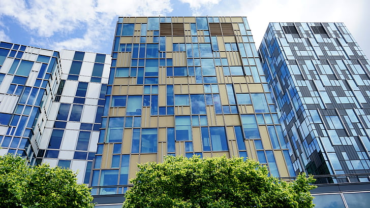 bâtiment, verre, architecture, Bureau, moderne, bleu, fenêtre de