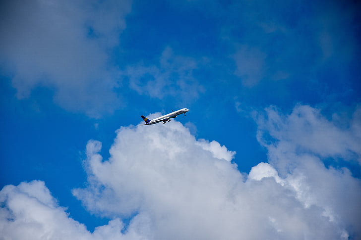 flyvemaskine, blå himmel, skyer, fly, flyvende, Sky - himlen, Sky
