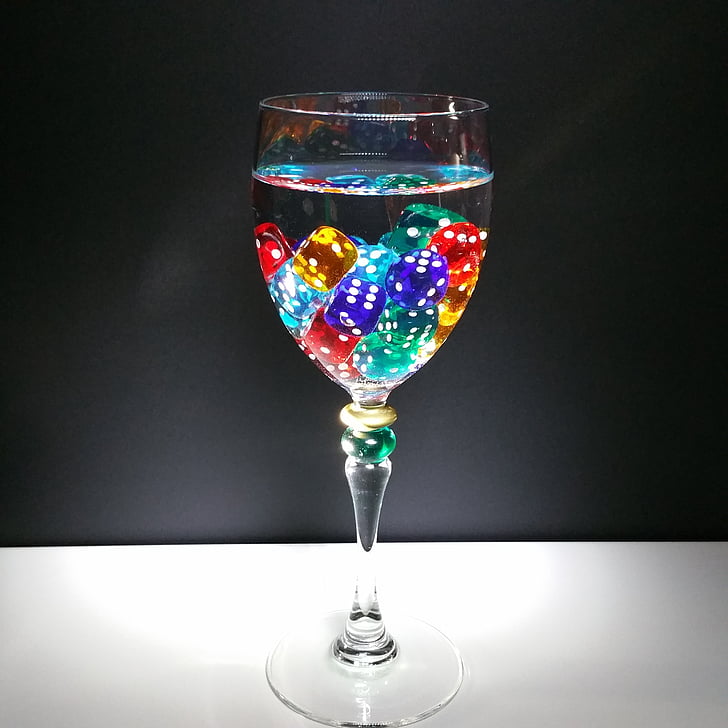 cube, glass, luck, lucky dice, wine glass, colorful, play